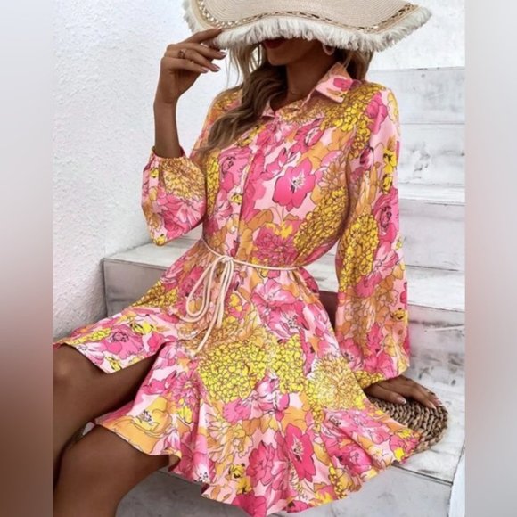 Boho Floral Print Lantern Sleeve Belted Shirt Dress 50% OFF - Picture 4 of 8